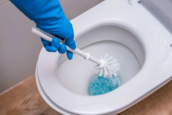 Reinigen Sie Toilette Und Hand Hand Mit Handschuh Und Bürste lizenzfreie Stockbilder