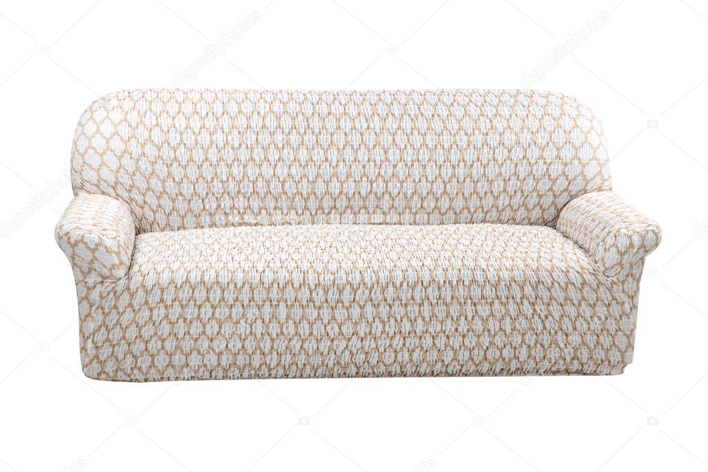Triple beige sofa isolated on a white background. The cover on the furniture. Textured fabric with abstract patterns