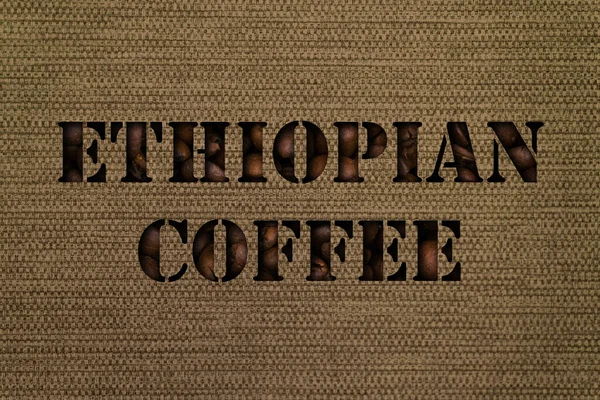 Fajták Etiópiai Kávé Szöveg Készült Kávébab Háttér Vászon Szövet Egy — Stock Fotó