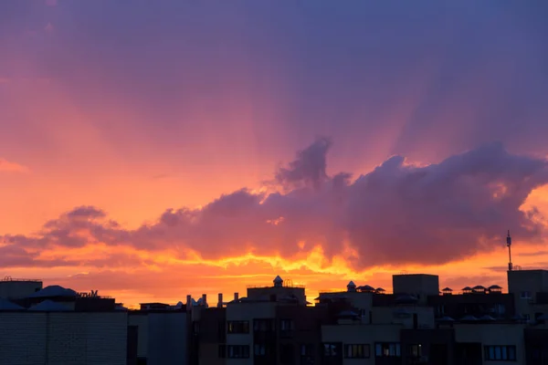 Roze Oranje Paarse Zonsondergang Boven Stad Veelkleurige Lucht Zwart Silhouet — Stockfoto