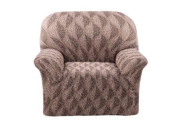 Beyaz arka planda tek bir kahverengi kanepe var. Mobilyaların üzerindeki kapak. Soyut desenli desenli desen