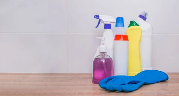 A large set of detergents for the bath, kitchen, home, floor, dishes. Concept of house cleaning