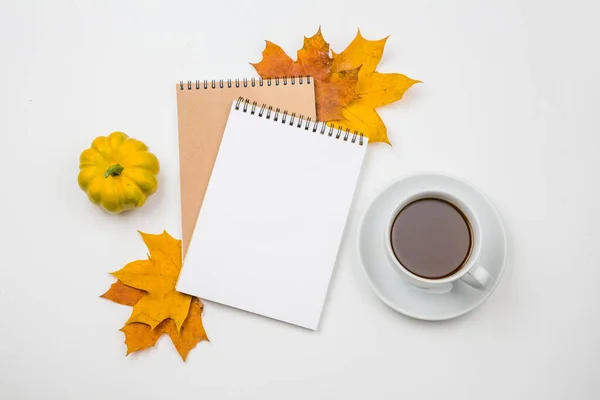 Notepad with an empty space for text on a pile of bright autumn leaves on a white textile knitted blanket background. Flatley. Hugge, comfort in the house. Pumpkin and a Cup of tea