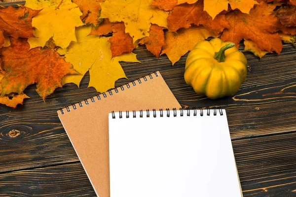Een notitieboekje met een lege ruimte voor tekst, een pompoen op een stapel heldere herfstbladeren tegen een donkere houten tafel — Stockfoto