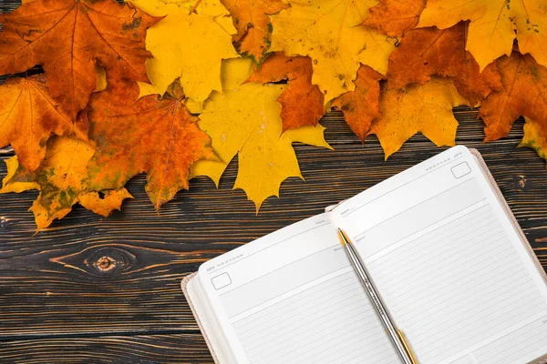Een notitieboekje met een lege ruimte voor tekst op een stapel heldere herfstbladeren tegen een donkere houten tafel — Stockfoto