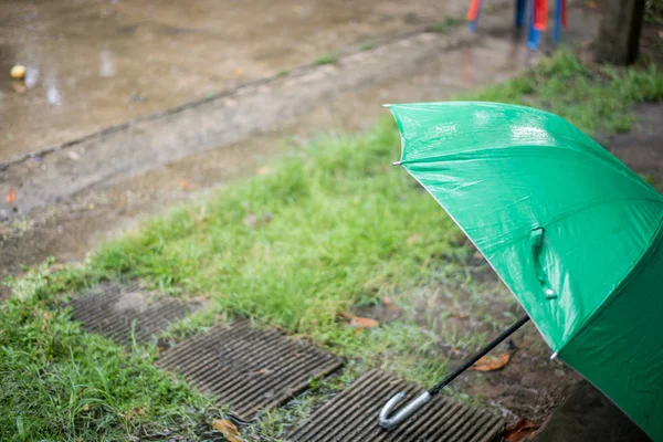 緑色の傘は 雨の中で配置 — ストック写真