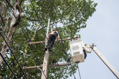 elektrikçi elektrik direği, ipinde yükseklikte ve tehlikeli çalışma elektrikçi tulum onarma