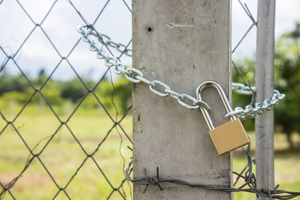 Close up The gate fence locked with Metal chain and padlock