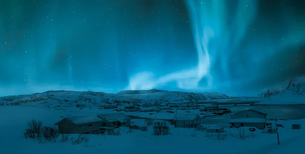 Aurora Borealis Kis Halászfaluban Teriberka Kola Félsziget Oroszország — Stock Fotó