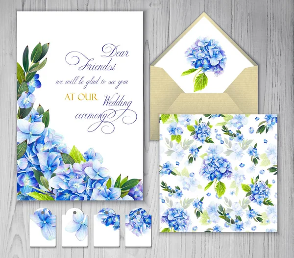 Set of templates for greetings or invitations to the wedding. Blue flowers of hydrangea. Illustration by markers: invitation card, tag personal, seamless pattern and different elements. Imitation of watercolor drawing.