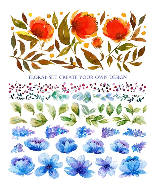 Květinová Sada Dispersed Oranžové Modré Květy Listy Akvarelu Prvků Pro — Stock fotografie