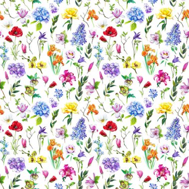 Multi-floral seamless pattern with different flowers. Bright and colorful illustration of a hydrangea, lilac, rose, orchid and other flowers on a white background. clipart