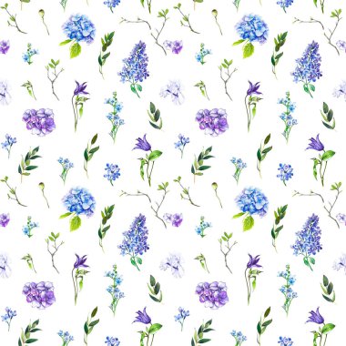 Multi-floral seamless pattern with different flowers. lllustration of a hydrangea, lilac, twigs and other flowers on a white background. clipart