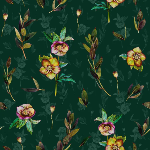 Floral Seamless Pattern Green Helleborus Twigs Art Markers Dark Green — Stock Photo, Image