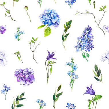 Çok çiçek seamless modeli ile farklı çiçekler. lllustration bir ortanca, leylak, dal ve diğer çiçekleri beyaz bir arka plan üzerinde.