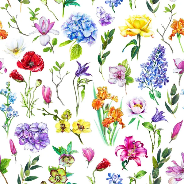 Motif Multi Floral Sans Couture Avec Différentes Fleurs Illustration Lumineuse — Photo