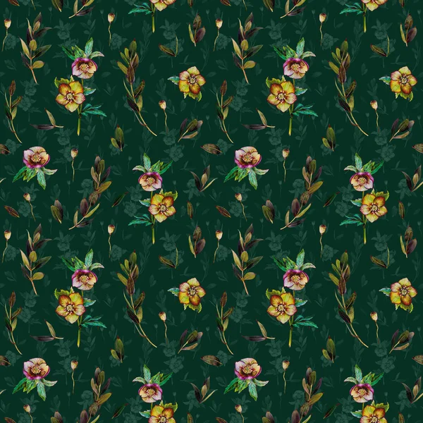 Florales Nahtloses Muster Mit Grünem Helleborus Und Zweigen Kunst Durch — Stockfoto
