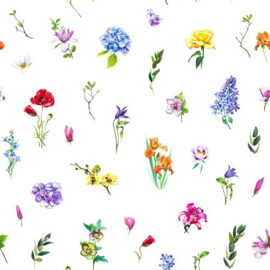 Çok çiçek seamless modeli ile farklı çiçekler. Bir ortanca, leylak, gül, orkide ve diğer çiçekleri beyaz bir arka plan üzerinde parlak ve renkli çizimi.