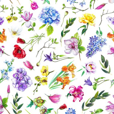 Çok çiçek seamless modeli ile farklı çiçekler. Bir ortanca, leylak, gül, orkide ve diğer çiçekleri beyaz bir arka plan üzerinde parlak ve renkli çizimi.