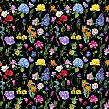Çok çiçek seamless modeli ile farklı çiçekler. Bir ortanca, leylak, gül, orkide ve diğer çiçekleri siyah bir zemin üzerine parlak ve renkli çizimi.