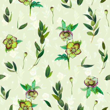 Yeşil Helleborus ve dal çiçek seamless modeli. İşaretleyicileri tarafından sanat. Suluboya çizimi taklit.