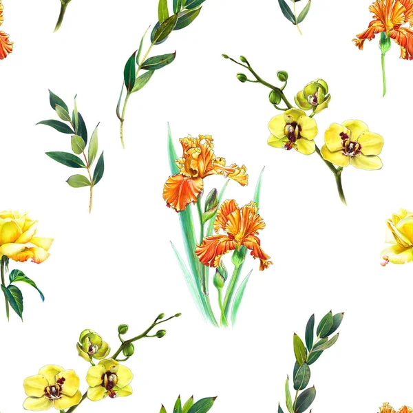 Цветочный Бесшовный Узор Желтой Орхидеей Оранжевой Радужной Оболочкой Веточками Искусство — стоковое фото