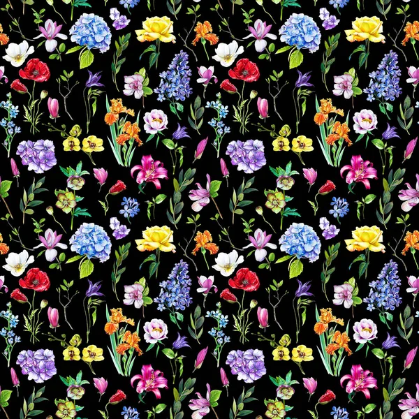 多花的无缝图案 在黑色背景下的绣球花 兰花和其他花朵鲜艳多彩的插图 — 图库照片