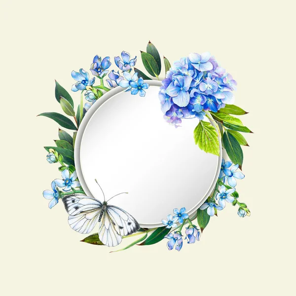 Πολύχρωμα Φλοράλ Φόντο Όμορφα Λουλούδια Μπλε Hydrangea Πεταλούδα Και Φύλλα — Φωτογραφία Αρχείου