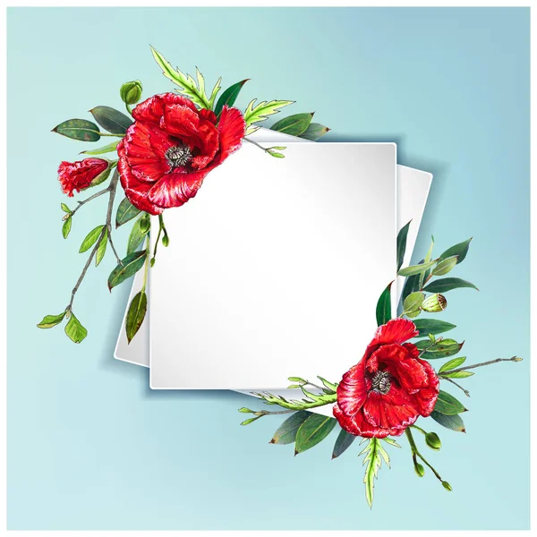 Fondo Floral Colorido Con Hermosas Flores Amapolas Rojas Hojas Arte — Foto de Stock