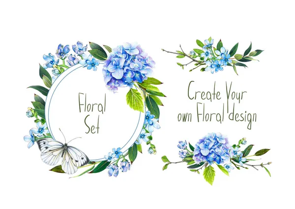 Set Mit Illustrationen Von Blauen Hortensien Schmetterlingen Und Anderen Blumen — Stockfoto