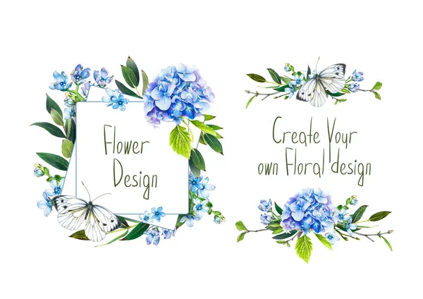Σετ Εικονογράφηση Του Μπλε Hydrangea Πεταλούδα Και Άλλα Λουλούδια Πλαίσιο — Φωτογραφία Αρχείου