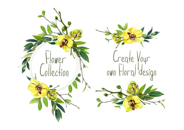 Nastavit Obrázek Žluté Orchideje Kulatý Rám Malé Kytice Pro Dekoraci — Stock fotografie