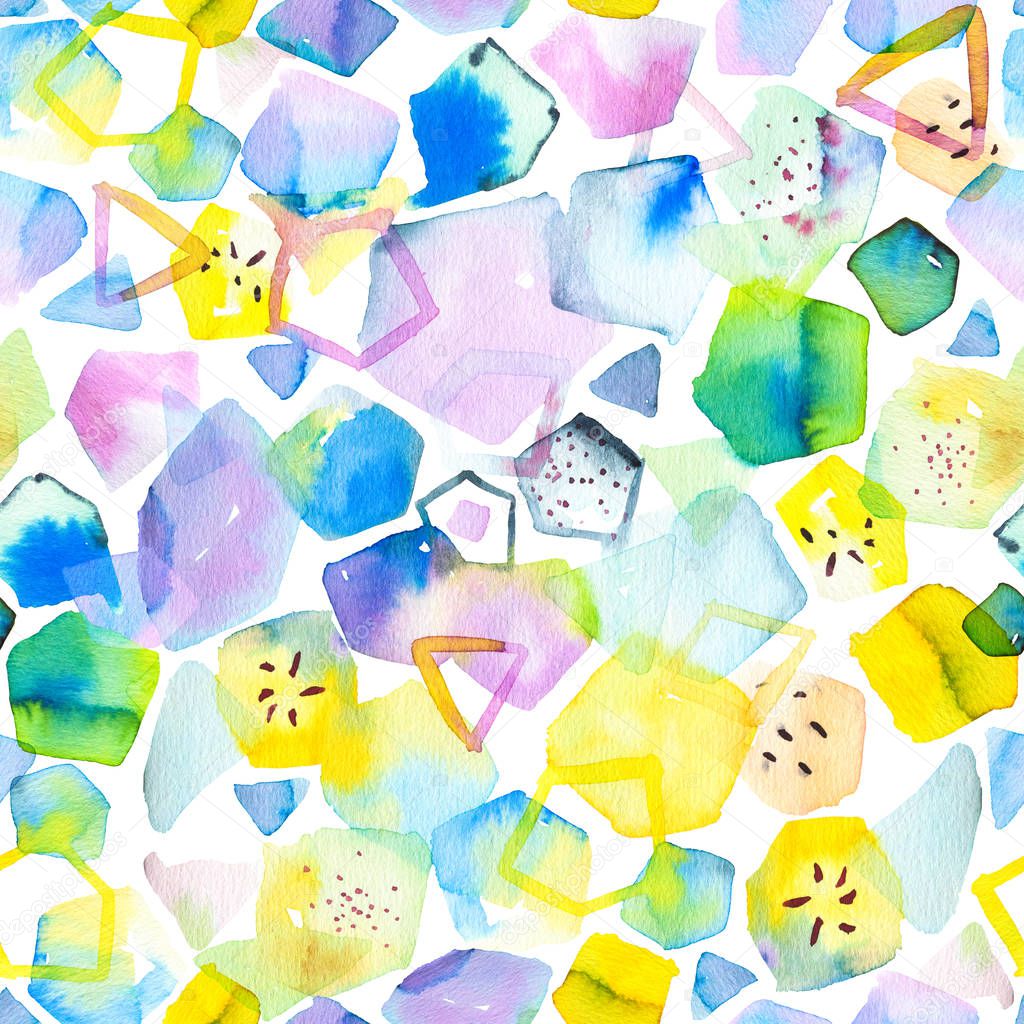 Seamless pattern with abstract geometric figures. Watercolor stains and shapes. Bright tropical, summer colors, yellow, blue  and green.