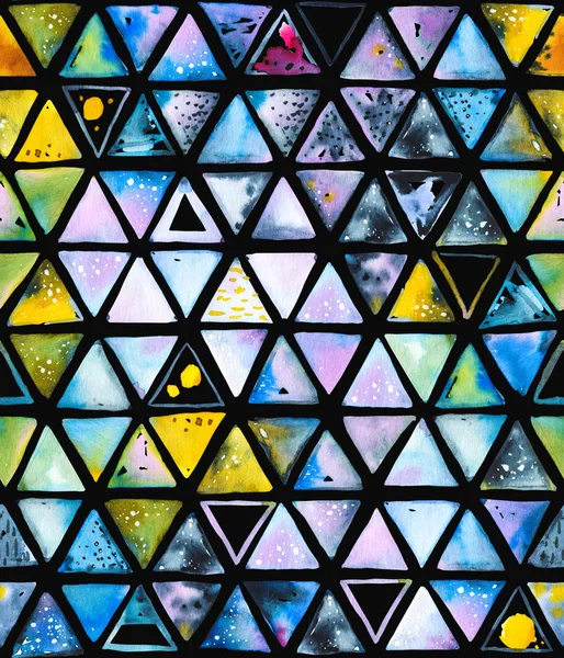 抽象的な幾何学的な三角形 蜂ハニカムでシームレスなパターン 水彩スポット 美しい姿を描く宇宙の星雲のような汚れ パーティ 誕生日の背景 — ストック写真