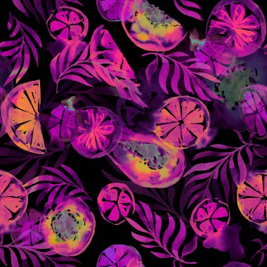 Soyut tropikal meyve ile Seamless modeli. Sulu boya lekeleri ve şekiller. Mango ve narenciye meyve Neon Pembe, pembe renkler.