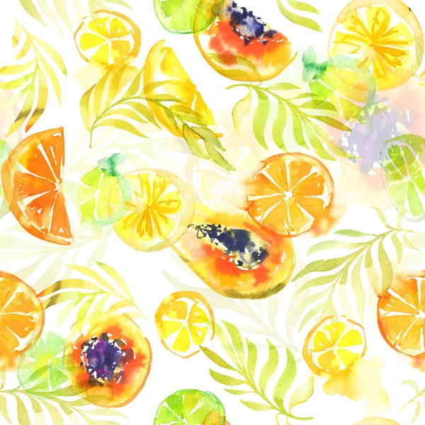 Seamless Pattern Abstract Tropical Fruits Watercolor Stains Shapes Bright Summer — Stock Photo, Image