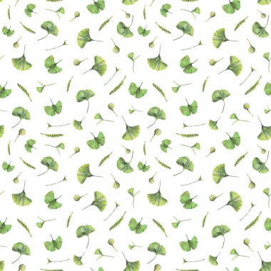 Ginkgo biloba yeşil yaprakları ile Seamless modeli. El çizimi renkli kalemler ile çekilmiş. Tekstil, iç veya bazı arka plan için botanik doğal tasarım.