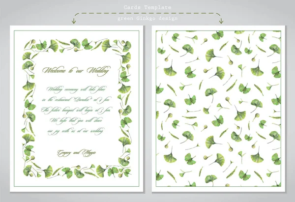 Cards Templates Wedding Invitations Illustration Colored Pencils Green Leaves Ginkgo — Stock Photo, Image
