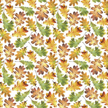 Sonbahar sarı ile Seamless modeli meşe yaprakları. El çizimi renkli kalemler ile çekilmiş. Tekstil, iç veya bazı arka plan için botanik doğal tasarım.