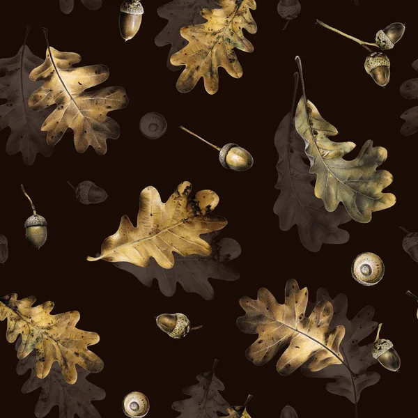 Χωρίς Ραφή Πρότυπο Φθινόπωρο Χρυσαφένια Φύλλα Βελανιδιάς Και Βελανίδια Χέρι — Φωτογραφία Αρχείου