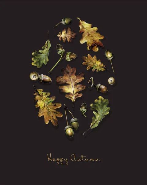 Illustration Leaves Oak Acorns Painted Colored Pencils Element Creating Prints — Stock Photo, Image