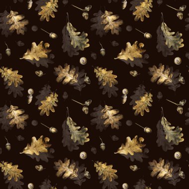 Sonbahar altın ile Seamless modeli meşe palamutları ve meşe yaprakları. El çizimi renkli kalemler ile çekilmiş. Tekstil, iç veya bazı arka plan için botanik doğal tasarım.