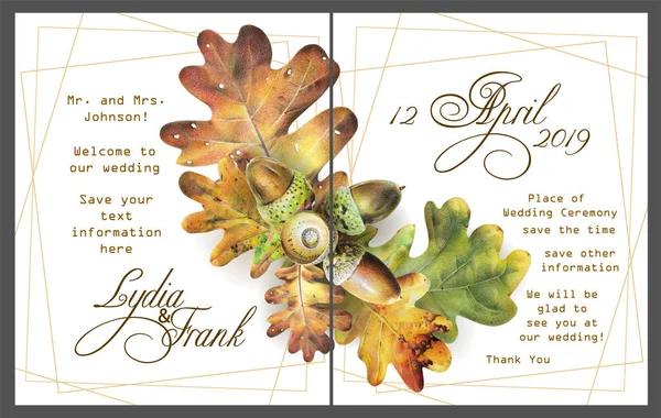 Set Two Template Cards Autumn Oak Leaves Acorns Invitation Poster — Stock Photo, Image