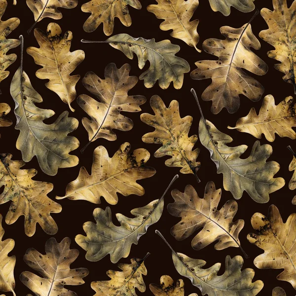 Χωρίς Ραφή Πρότυπο Φθινόπωρο Χρυσαφένια Φύλλα Της Βελανιδιάς Χέρι Που — Φωτογραφία Αρχείου