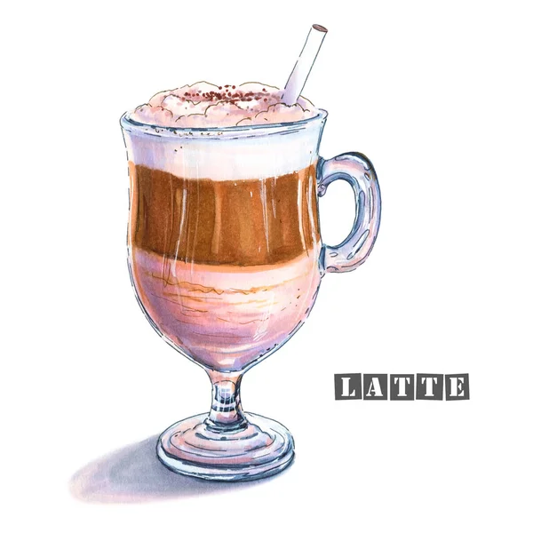 Ilustrasi Latte Dengan Busa Susu Bagian Atas Strip Kopi Tengah — Stok Foto