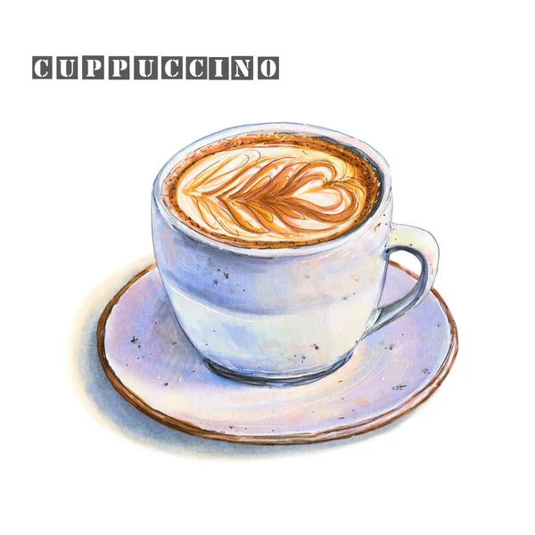 Illustration Ceramic Cup Saucer Tasty Cappuccino Beautiful Pattern Milk Foam — Stock Photo, Image