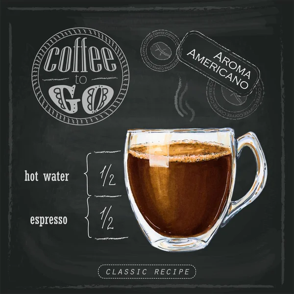 Illustration of a coffee armericano with a little foam in a glass cup. Proportions of a coffee drink on a chalk board. Drawn by professional markers.