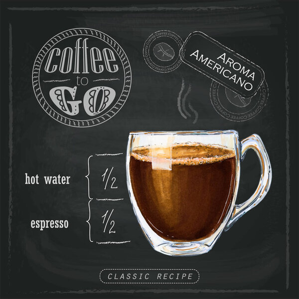 Illustration of a coffee armericano with a little foam in a glass cup. Proportions of a coffee drink on a chalk board. Drawn by professional markers.