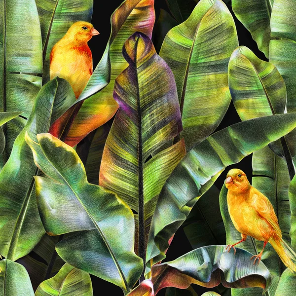 Бесшовный Рисунок Банановыми Листьями Желтыми Птицами Темном Фоне Тропический Фон — стоковое фото