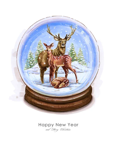 Fantastyczny Ilustracja Snow Globe Rodziny Jeleni Śnieżnym Lesie Jeleń Bez — Zdjęcie stockowe